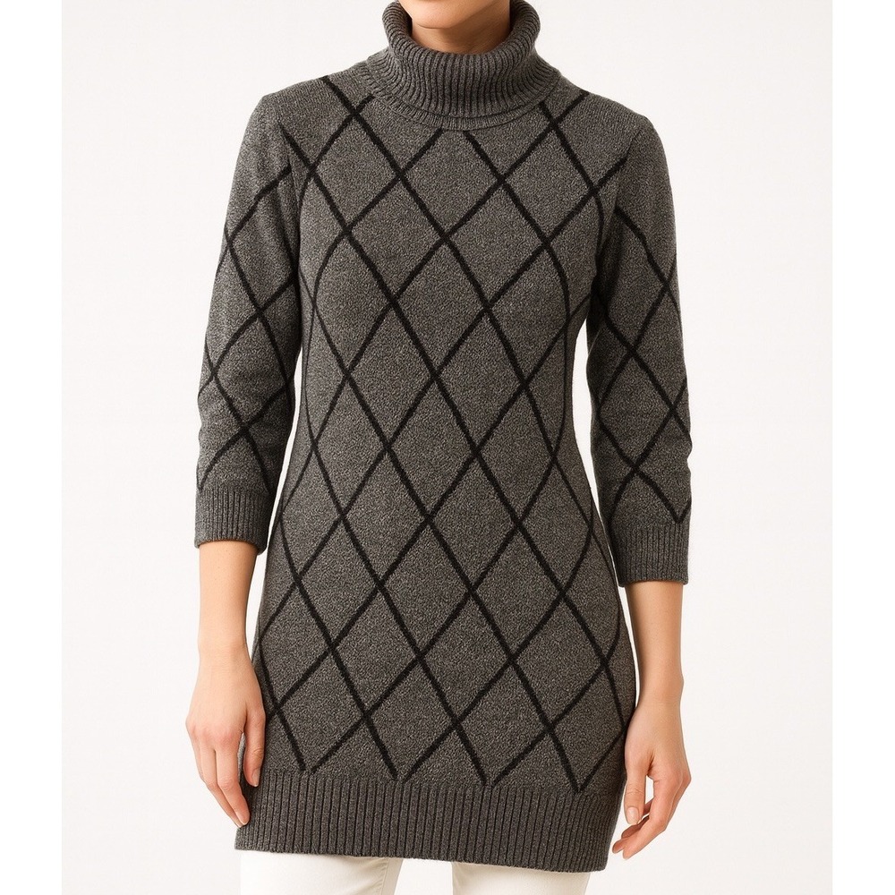 Turtleneck Diamond-Pattern Sweater Tunic - Gray